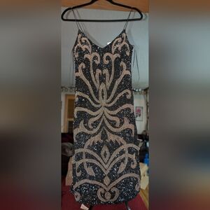 Theia Black Stacked Sequin & Gold Beaded Cocktail Dress